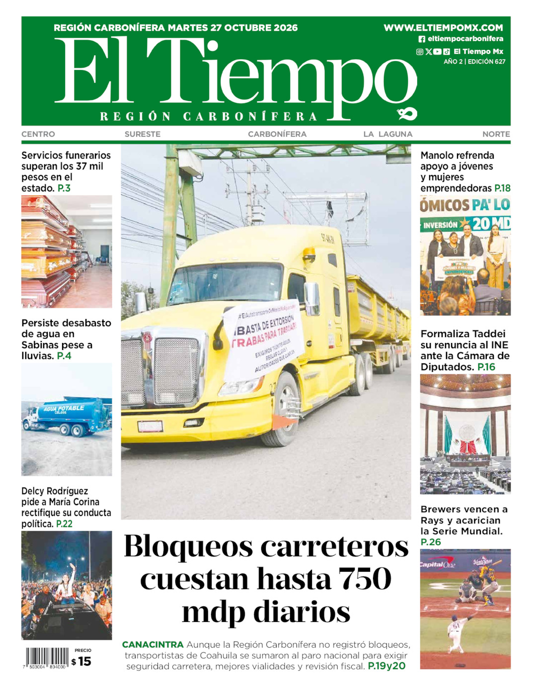 Edición impresa: Portada del martes 27 de octubre de 2026, El Tiempo región <strong>Carbonífera</strong>