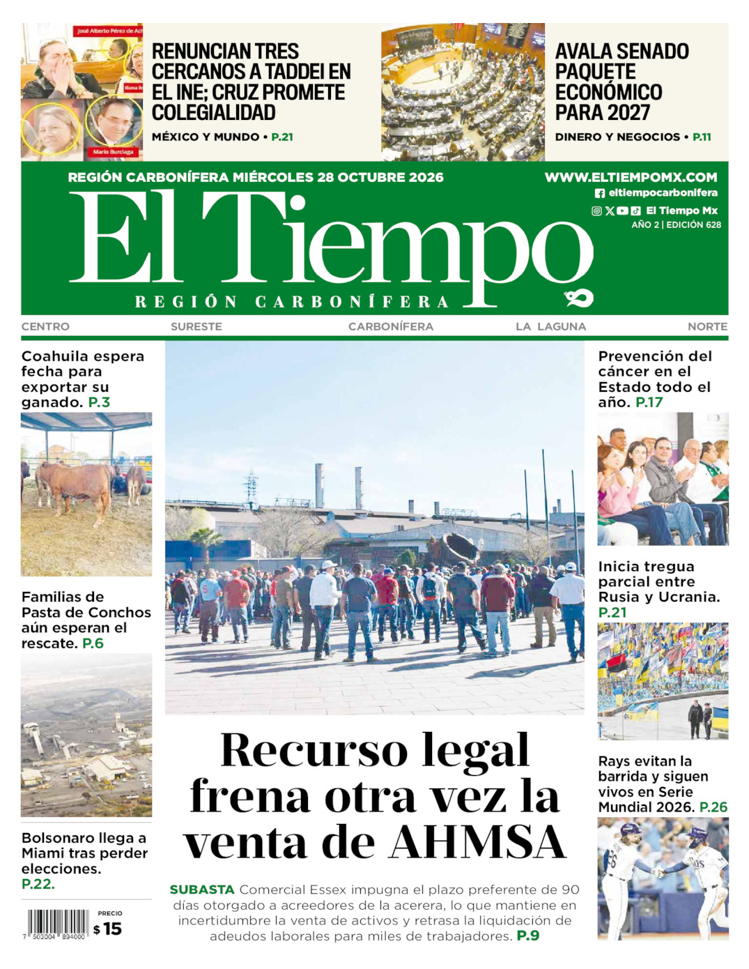 Edición impresa: Portada del miércoles 28 de octubre de 2026, El Tiempo región <strong>Carbonífera</strong>