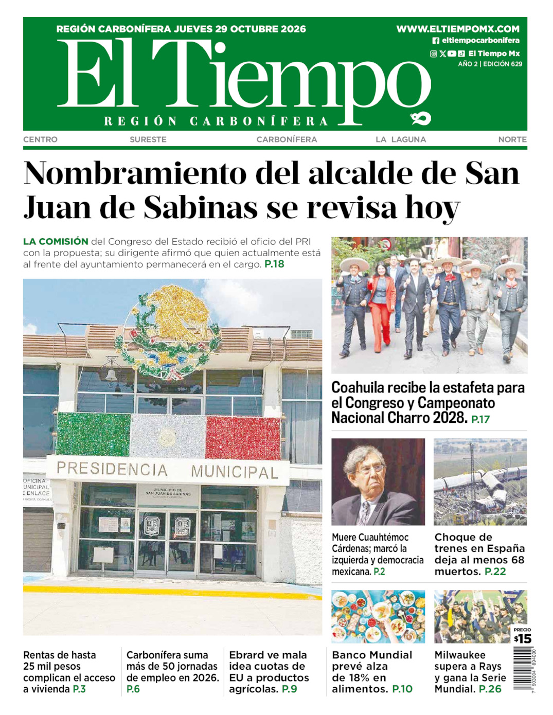 Edición impresa: Portada del jueves 29 de octubre de 2026, El Tiempo región <strong>Carbonífera</strong>